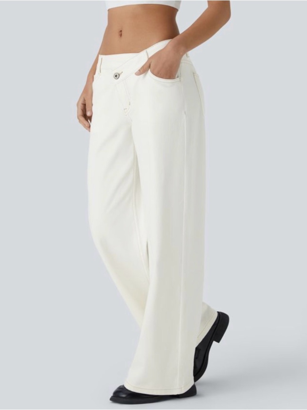 Halara Denim Asymmetric Wide Leg Jeans Cream White Medium Petite